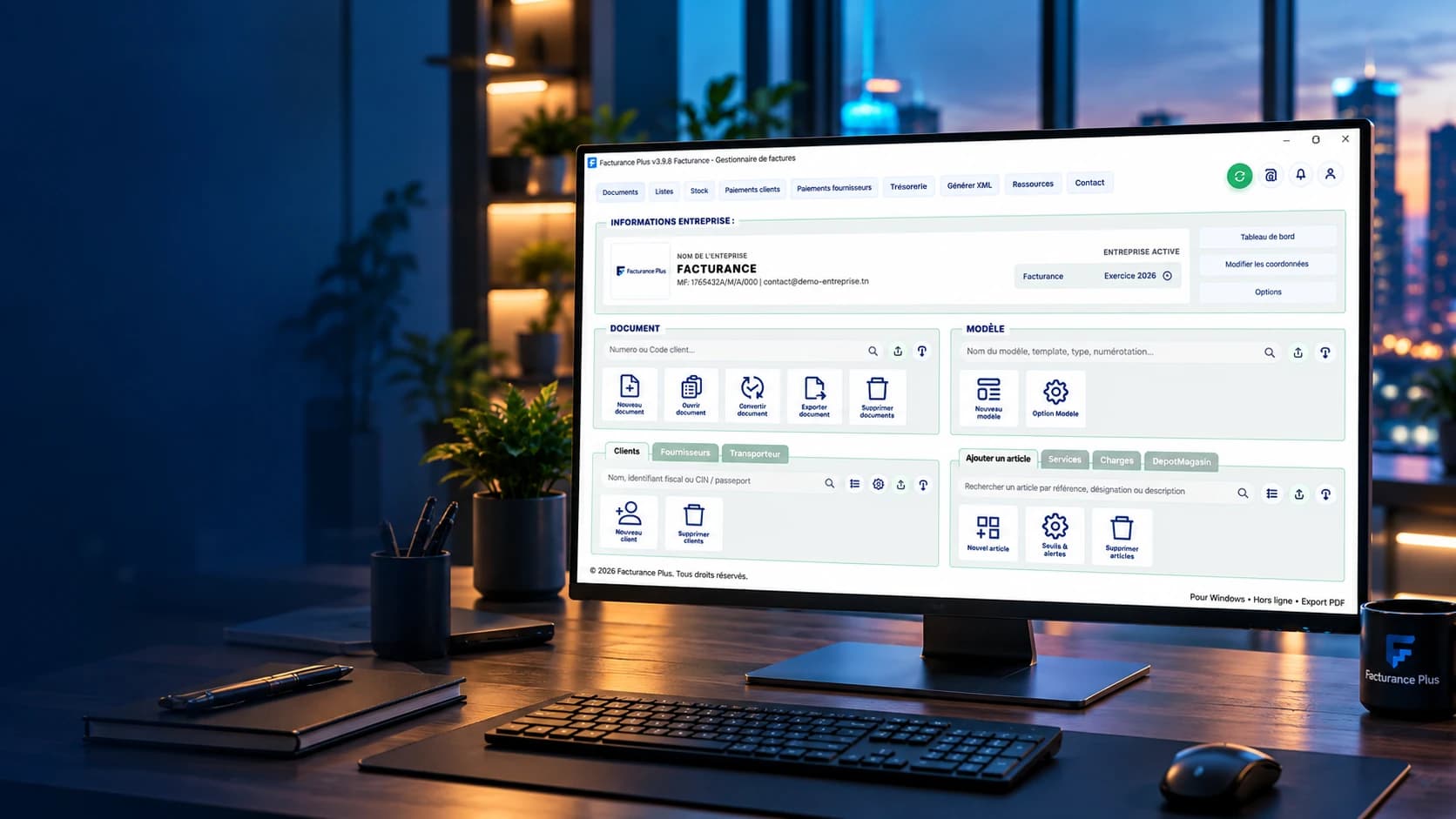 Facturance Plus affiché sur un écran de bureau : logiciel de facturation et de gestion commerciale