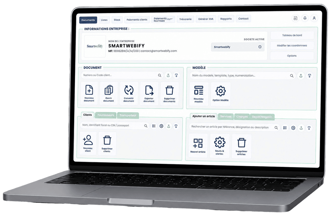 Écran principal de Facturance Plus : documents commerciaux, modèles, fiches clients et catalogue d’articles